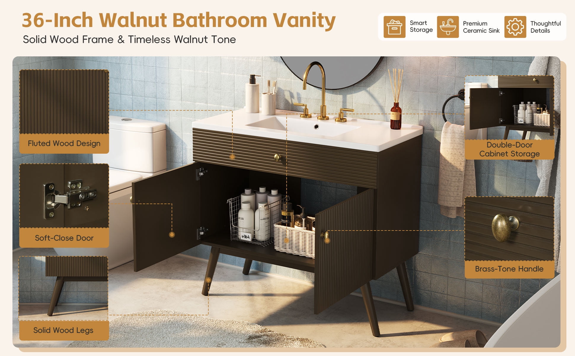 Mintazer 36 Inch Fluted Bathroom Vanity with Ceramic Sink, Modern Single Sink Bath Cabinet with Soft Close Storage, Brown