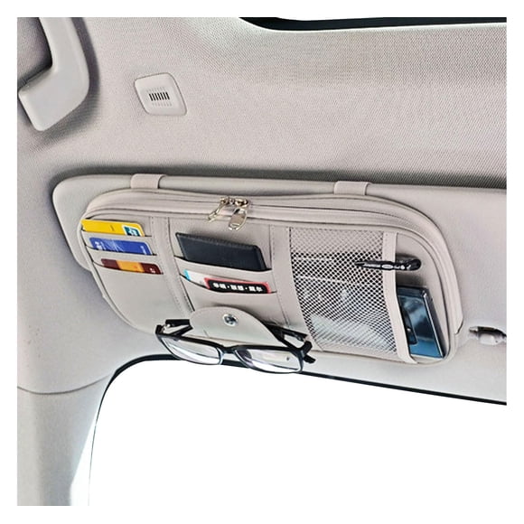 Da by Car Sun Visor Organizer, Multi-Pocket Visor Organizer Storage Pouch for Cars, SUVs & Trucks with Double Zippers, Elastic Bands & Glasses Clip - Organizes Essentials Keep Tidy (Cream Grey)