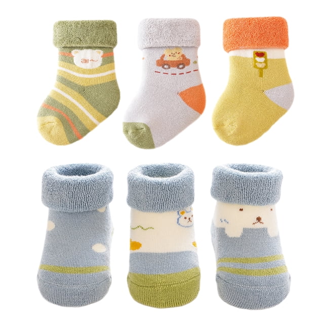 Laklulu Calcetines de algodón para bebé, calcetines de invierno cálidos y gruesos antideslizantes para niños pequeños y niñas, calcetines lindos con flores y animales para bebé, 6 pares