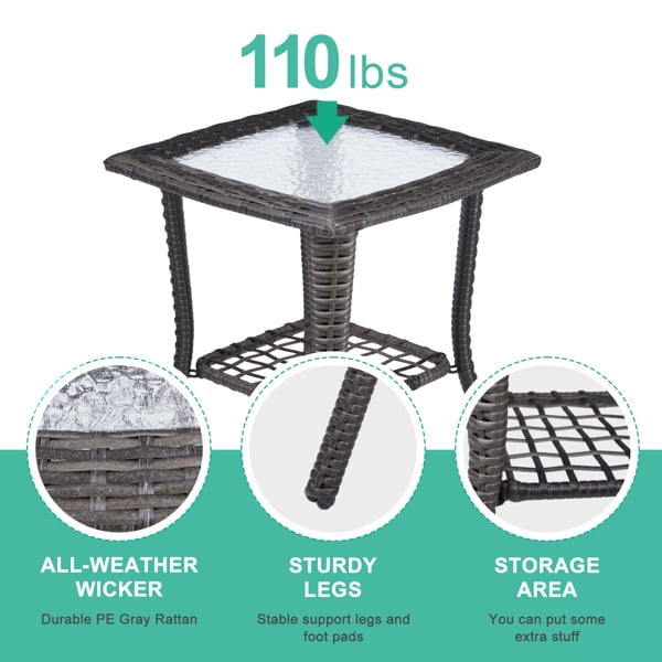 Alvantor Dark Gray Wicker Small Side Table 18 x 18 x 22.6 in Outdoor Patio End Table with Ripple Tempered Glass Top and Lower Shelf