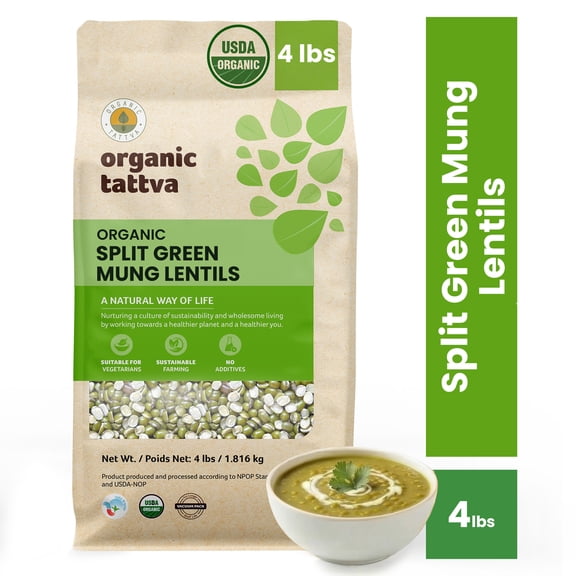 Organic Tattva Split Mung Beans Green Lentils 4LB, Moong Dal, Vegan, Kosher, No Additives, Gluten Free, USDA Certified
