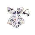 thumbnail image 1 of FAROOT Baby Girl Summer 2 Piece Set Rooster Print Lace Square Neck Ruffle Sleeve Jumpsuit Bow Headband, 1 of 9