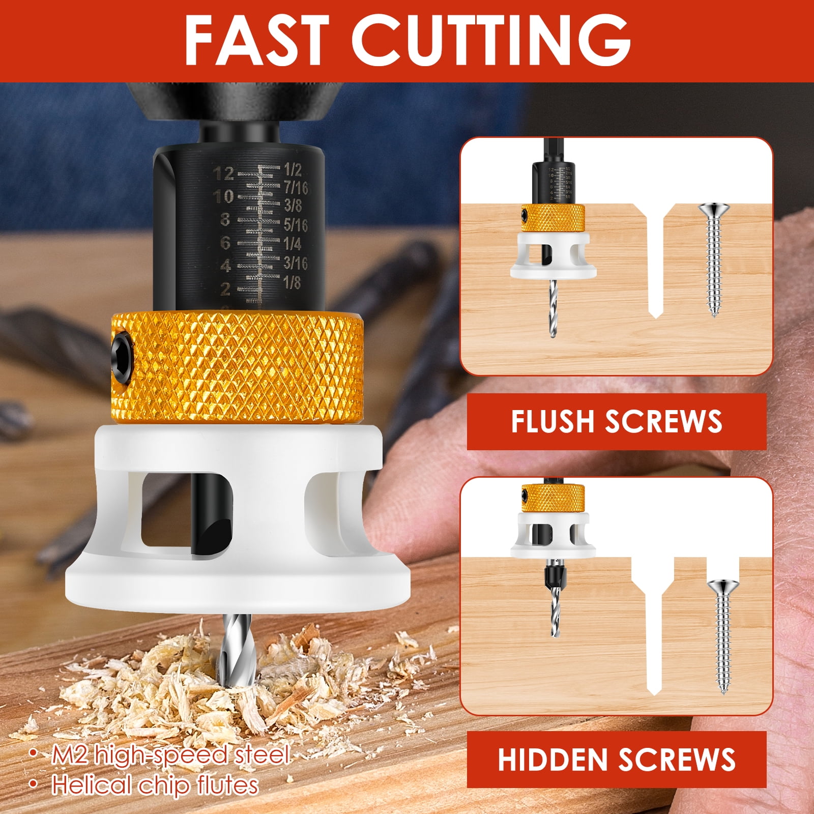 Wakehye 2026 New Countersink Drill Bit Set High Speed Steel Counter Sink Drill Bits with Depth Stop and 1/4" Shank for Wood Particle Board Plywood