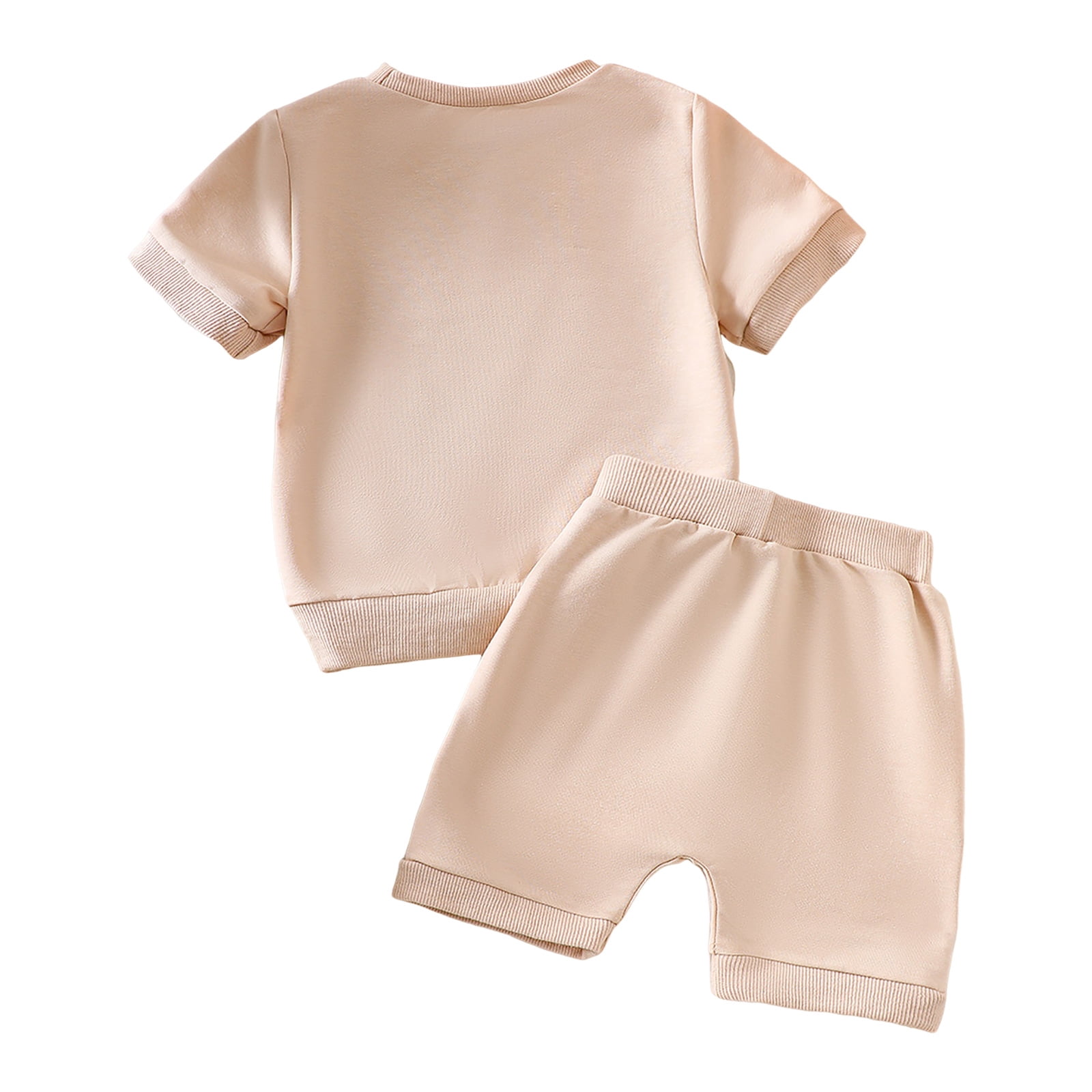 Faraee Toddler Girls Clothes Embroidery Cotton Summer Outfit Baby Kids Short Sleeve T-Shirt Tops Drawstring Pockets Shorts Clothing Set 3 6 12 18 24 Months 2t 3t Beige