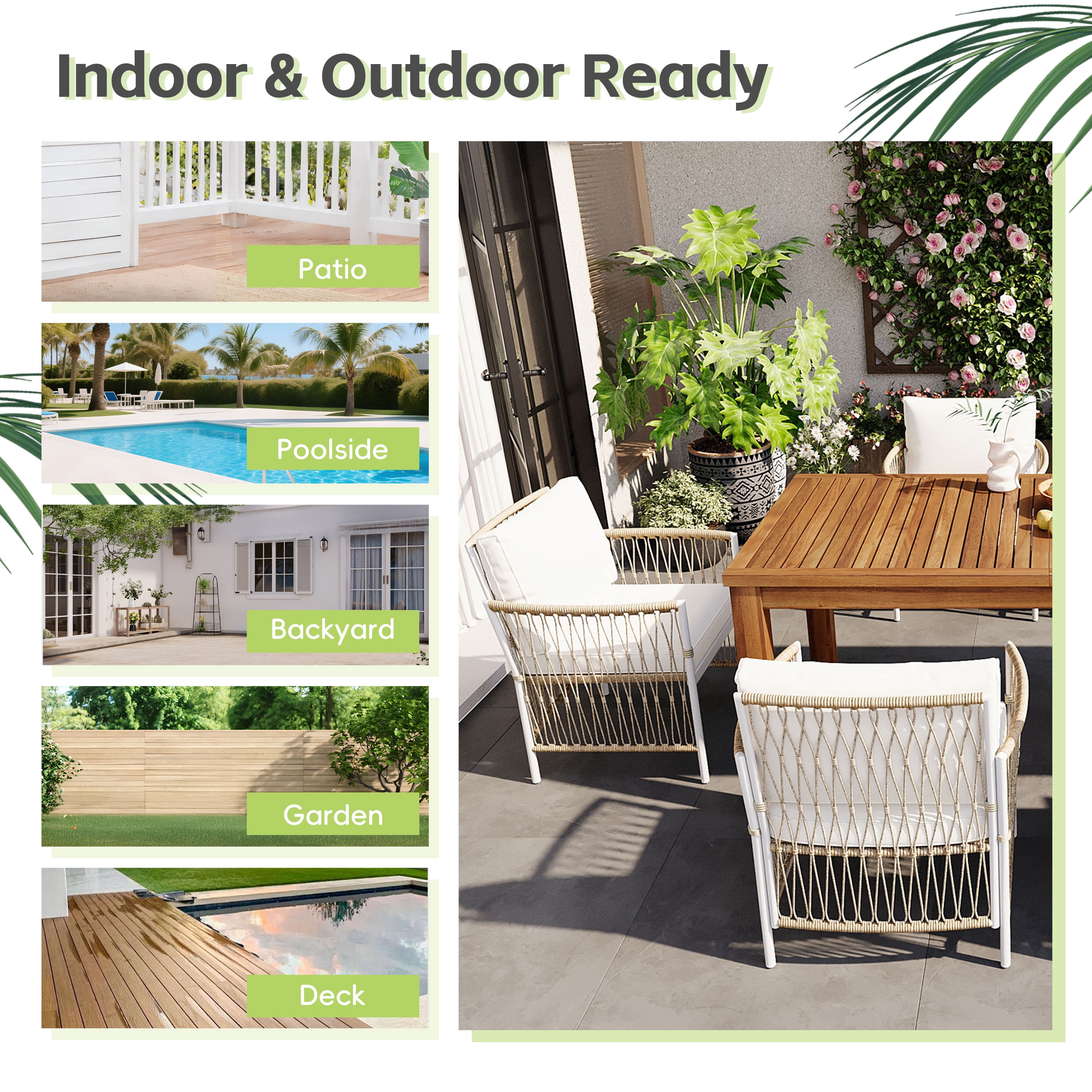 7-Piece Patio Wooden Dining Table Set, 67-Inch Outdoor Acacia Wood Table with 6 PE Rattan Wicker Arm Chairs and Cushions, Outdoor Dining Furniture Set for Garden Backyard, Natural
