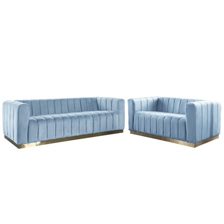Glam Sky Blue Velvet Channel Tufted Sofa Set 2Pcs MARLON Meridian Contemporary