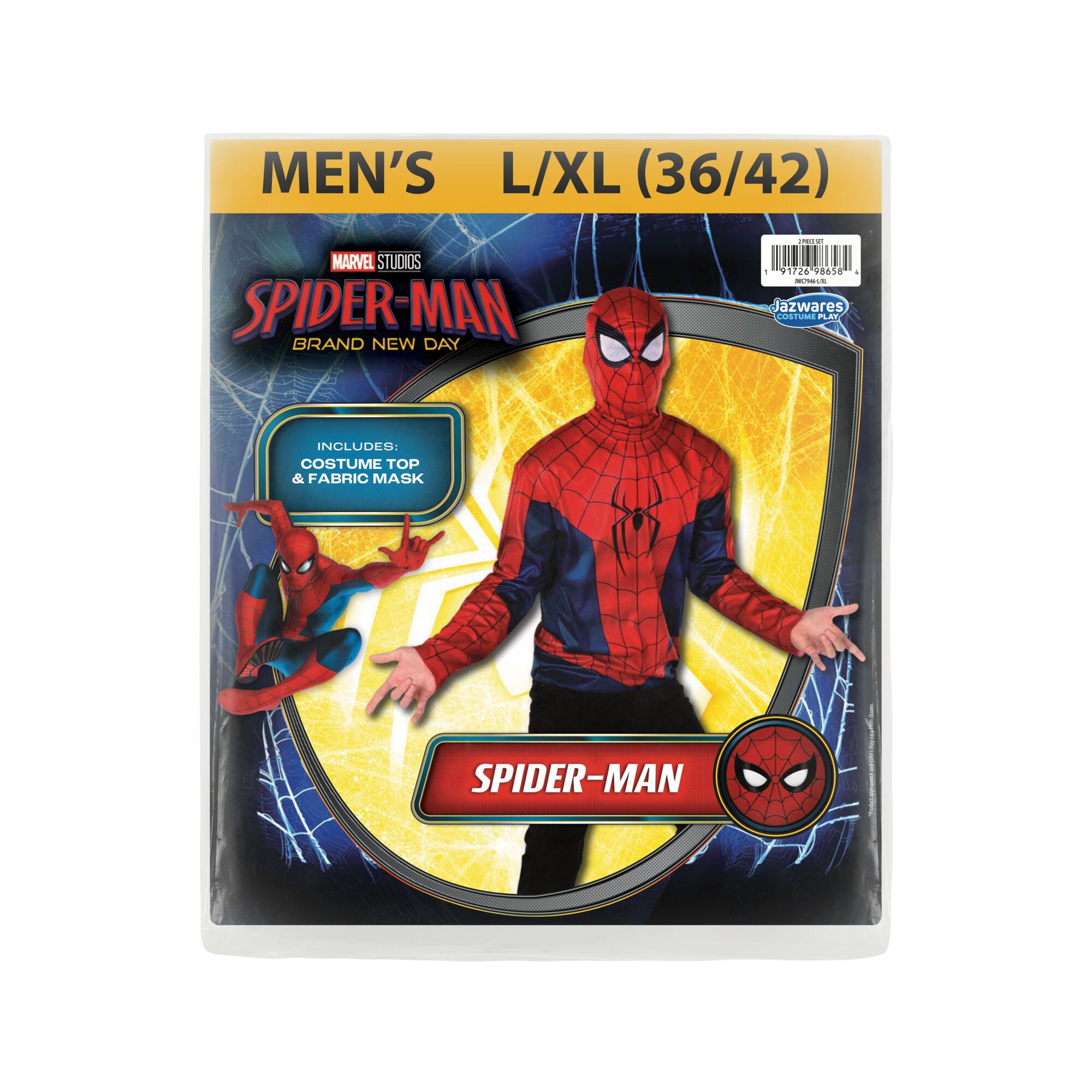 Marvel Spiderman Halloween Costume Top and Mask for Adults, Men's Size L/XL (36-42), by Jazwares