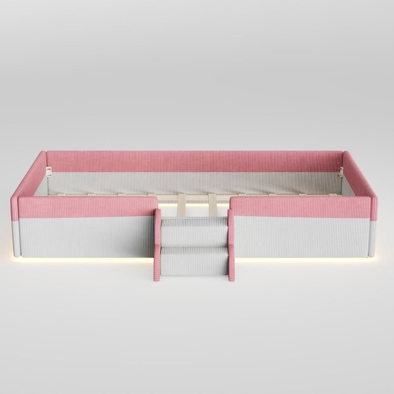 Twin Size Corduroy Upholstered Floor Bed Frame with Fence, Kids Low-Profile Platform Bed with 2-Tier Steps & Smart LED Lights
