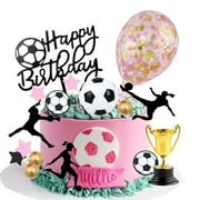 Female Soccer Cake PresNok Topper, Qoadwem 25PCS Female Soccer Cake Topper For Girls Soccer Cake Decorations With Pink Balloon, Gold Balls, Soccer Ball, Happy Birthday Cake Topper
