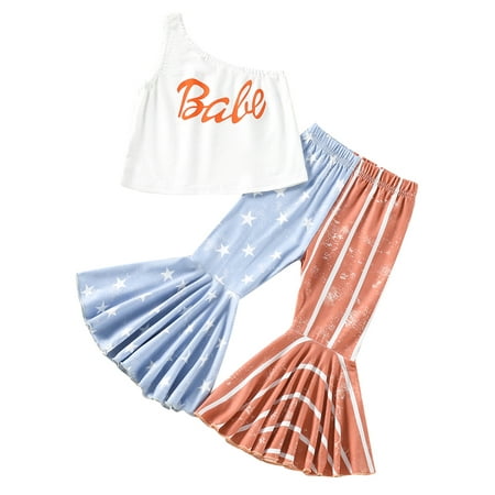 

Baby Independence Day Little Girls Outfit Toddlers Skew Collar Sleeveless Letter Tops + Color Matching Star Bell-bottomed Pants