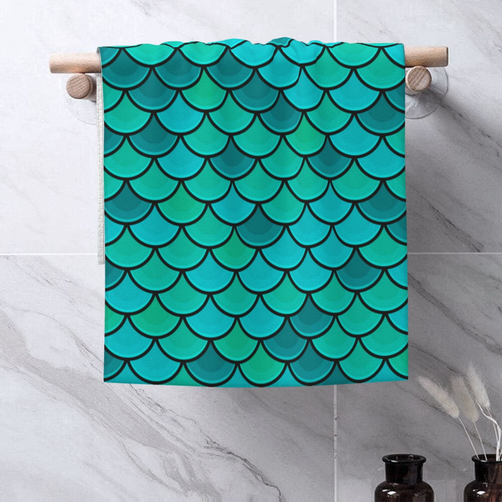 Fish Scales Blue Geometric 27.5" x 16" Ultra Soft Hand Towel, Face Wash Cloth for Bathroom, Gym, Travel, Pool