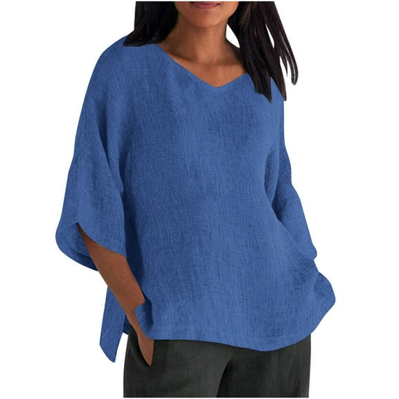 qucoqpe Womens Plus Size Summer Tops V Neck 3/4 Sleeve Side Slit Shirts Casual Loose Solid Color Blouse Lightweight Comfy T-shirts