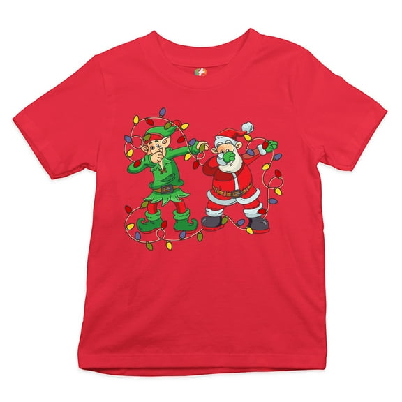 Tee Hunt Elf and Santa Claus Dab Dancing Youth T-Shirt Merry and Bright Christmas Kids