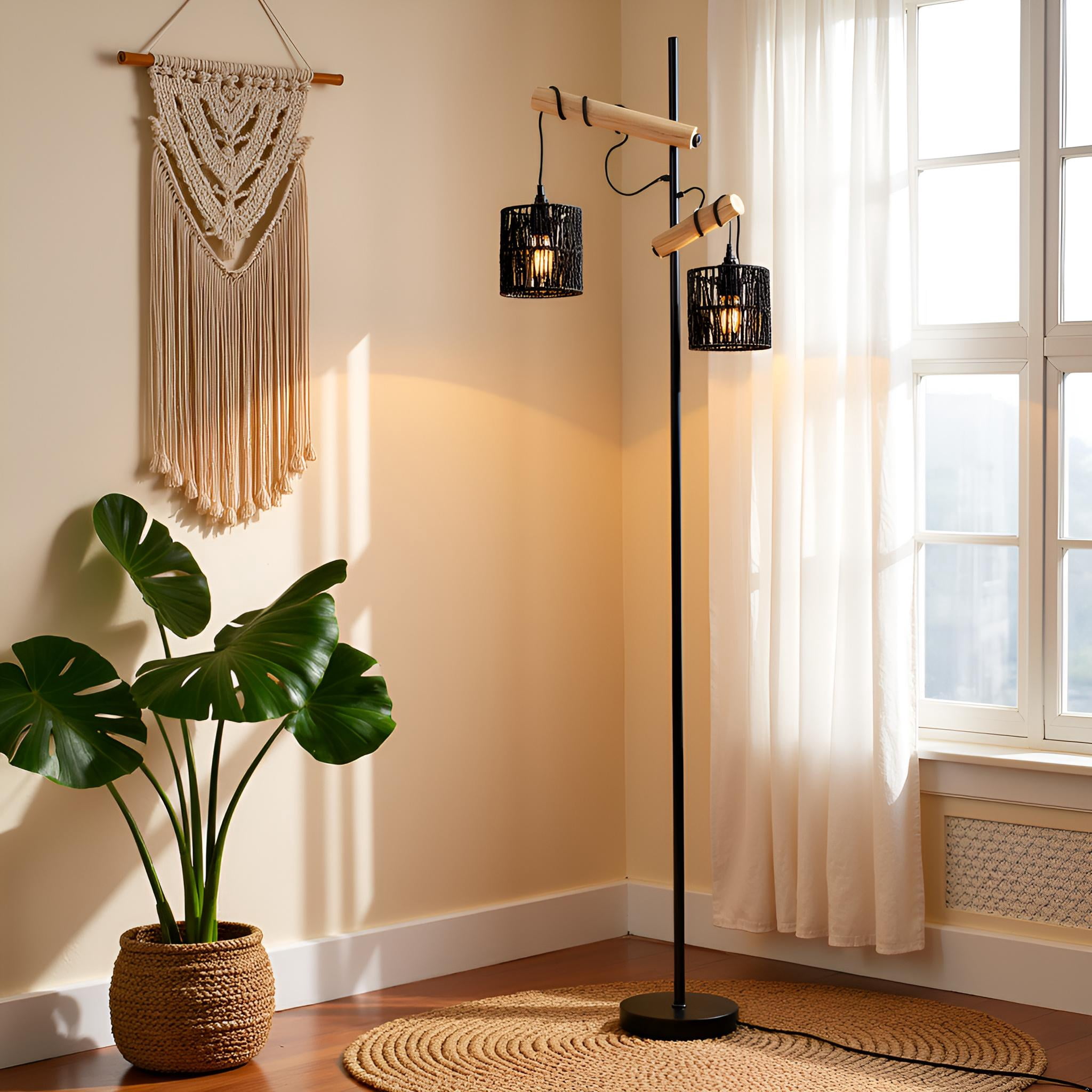 Farmhouse Floor lamp Double Head Vintage Floor Tree, Wooden Standing lamp for Living Room，Bedroom, Rustic Floor Lamp with Black Finish