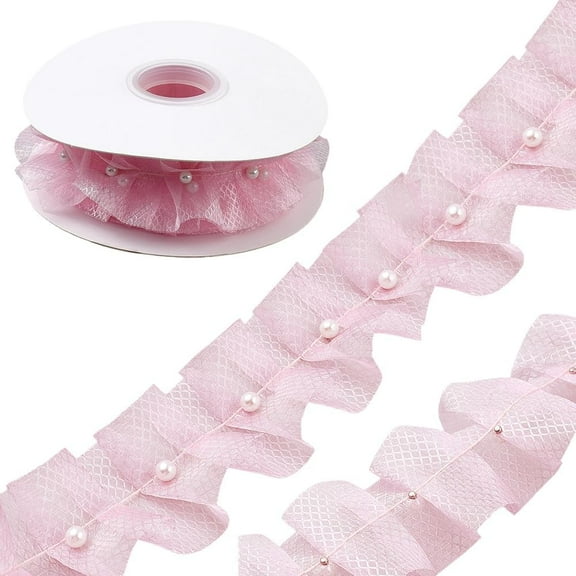 5 Yards 1.88 Inch Pink Tulle Pleated Ribbon Roll with White Pearls Sheer Mesh Ruffled Lace Decorative Fabric Trim for Sewing Making Wedding Home Decoration Gift Wrapping DIY Craft Supply