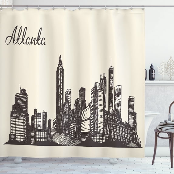 Ambesonne Georgia Shower Curtain, Grunge City Skyline Vintage, 69"Wx70"L, Dark Taupe and Eggshell
