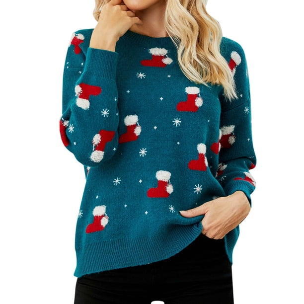 Gibobby Sudadera de Navidad para mujer Suéter de Navidad para mujer, cuello redondo, manga larga, patrón de dibujos animados, suéter de punto(Azul,M)