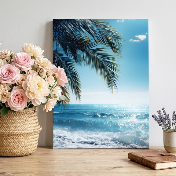 Canvas Wall Art Summer Ocean Canvas Art Print Seascape Green Tropical Pain Tree Pictures Wall Decor for Living Room Bedroom Artwork Decorations Stretched Framed Ready to Hang 24"x36"