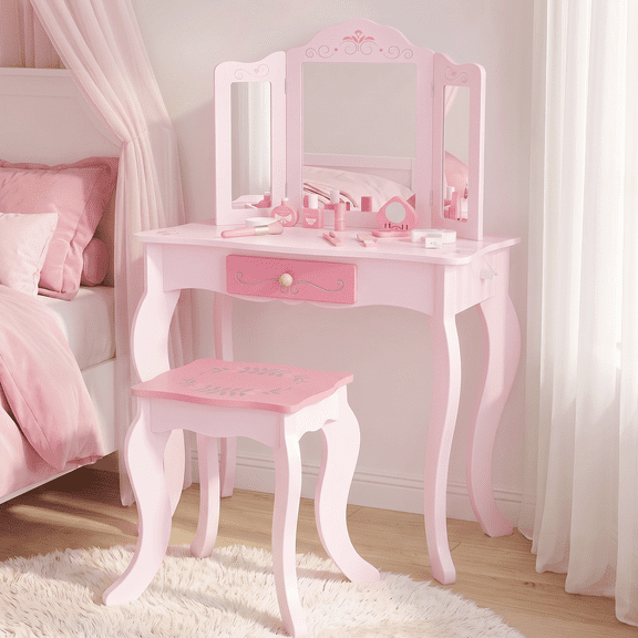 OLAKIDS Kids Vanity, 2 in 1 Princess Makeup Desk and Stool Set with Tri-Folding Detachable Mirror 10 Accessories and a Storage Drawer, Wooden Dressing Table, Pretend Play Vanity Set for Toddler Girls