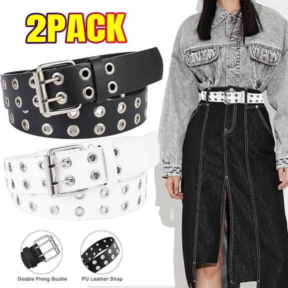 2 Pack Grommet Leather Belts for Women, Black Belt Women Men with Double Holes, PU Leather Punk Belt for Women & Men