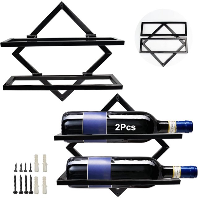 Soportes para botellas de vino de metal montado en la pared, organizador plegable para 2 botellas de licor, estante para vino montado en la pared para cocina, bar, bodega, negro 2