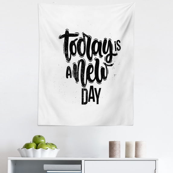 Saying Tapestry, Monochrome Style Today is a New Day Typography Illustration Modern Design, Fabric Wall Hanging Decor for Bedroom Living Room Dorm, 5 Sizes, White Charcoal Grey, by Ambesonne