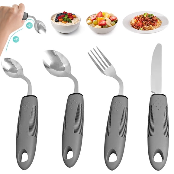 SHegdu 4-Piece Easy-Grip Cutlery Set, Gray Thin Handle Straight Steak Knife, Stainless Steel Fixed Curved Rubber Handle, Suitable for Hand Tremor Patients (L)
