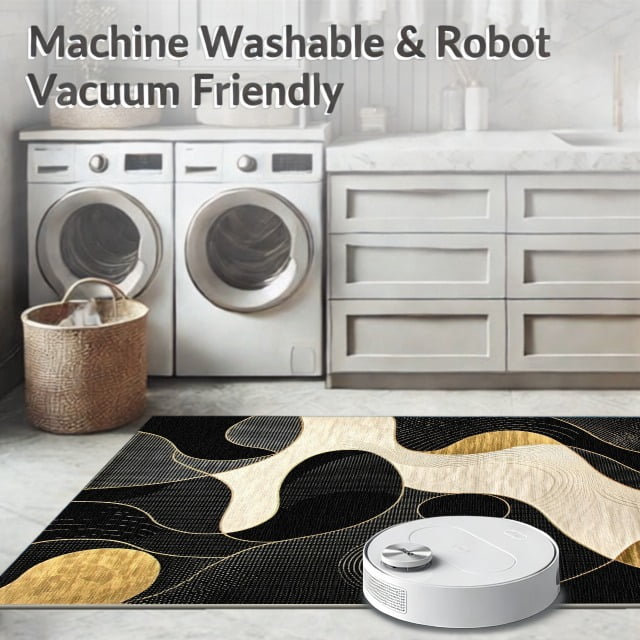 ODIKA 6'x9' Machine Washable Non-Slip Area Rug, Lezlee Contemporary Black & Gold Swirls Modern Design High Traffic Rug, Black, 129310