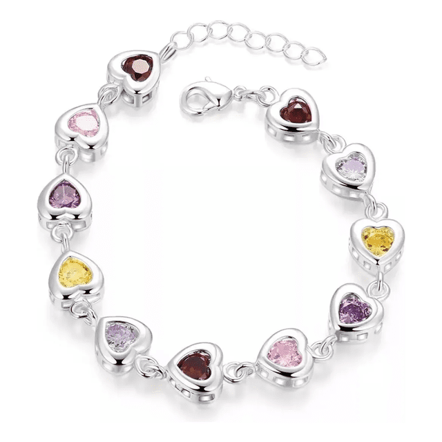 Pulsera De Corazones De Colores Plata .925 Piedras Cristal Xtellar multicolor