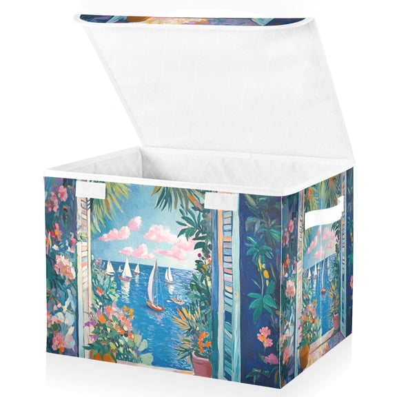Yayeee Collapsible Cube Storage Bin with Lid Fabric Closet Decorative Basket with Handles, Blue Sea