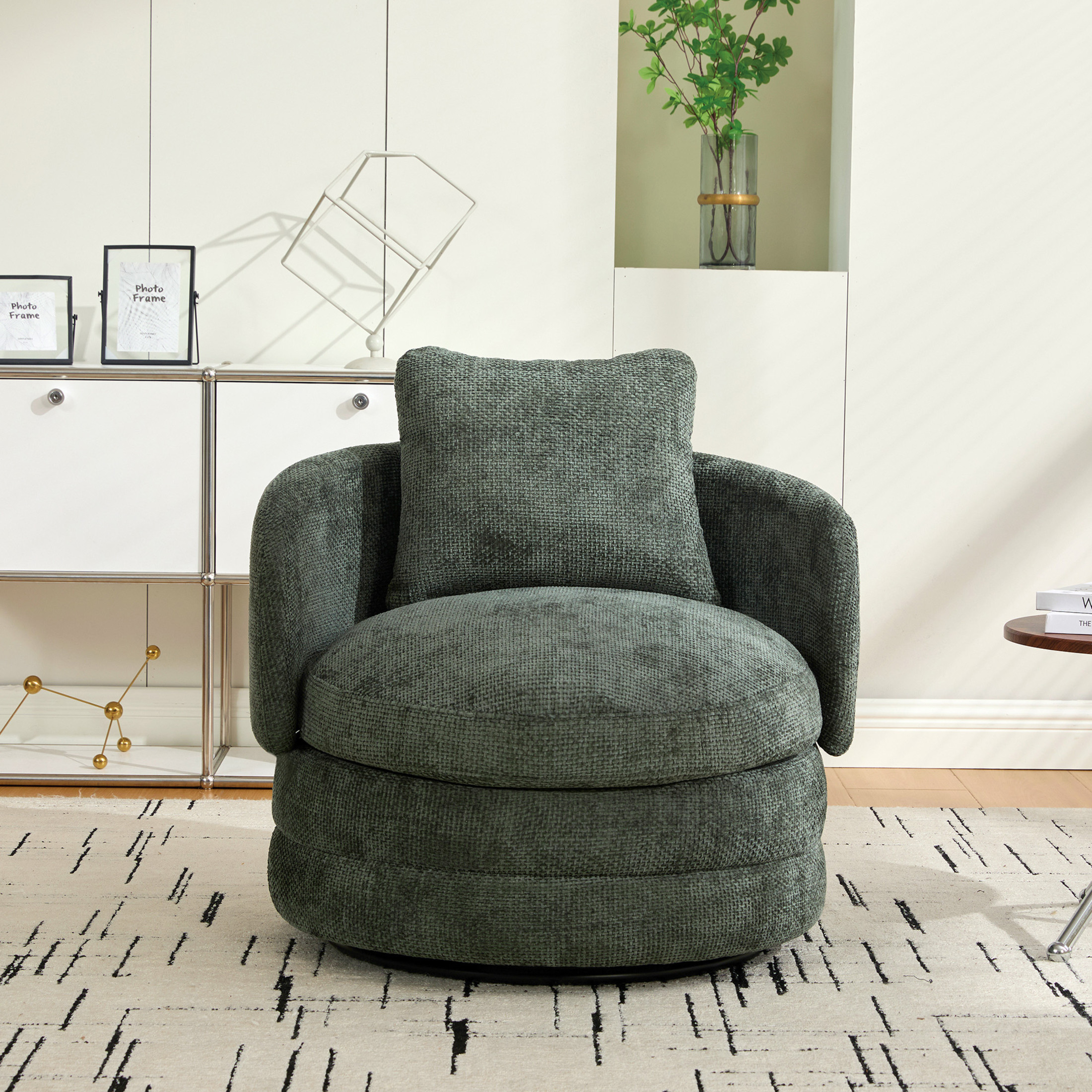 Noble House Norlyn 30" Chenille Swivel Barrel Accent Chair, 360° Comfy Lounge Reading Armchair with Pillow, Green