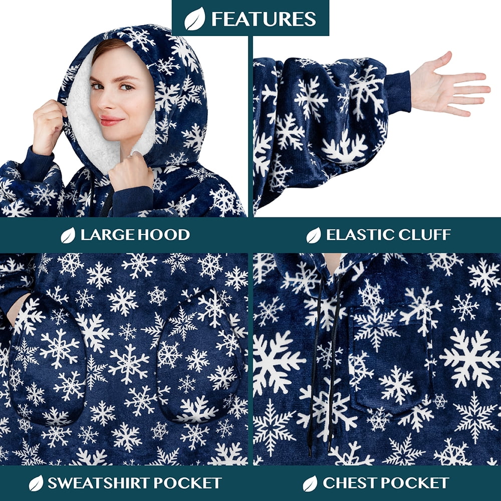 PAVILIA Blanket Hoodie for Women Blue, Sherpa Wearable Blanket Men, Cozy Oversized Sweatshirt Blanket, Warm Fleece Hooded Blanket Sweater with Sleeves and Two Big Pocket, Blue Snowflake