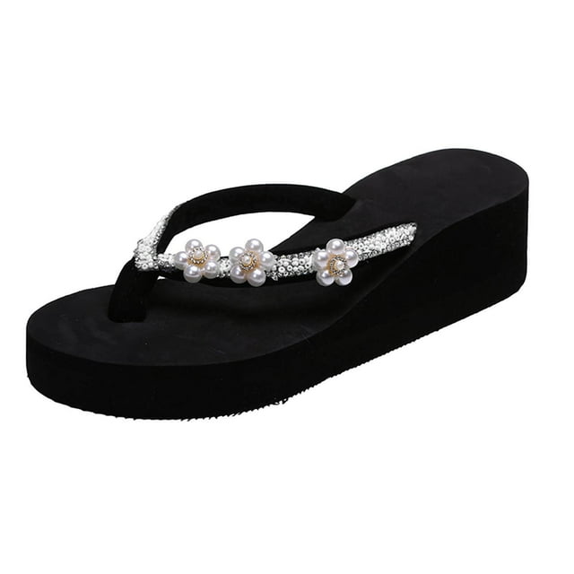 BADHUD Women Rhinestone Slope Heel Open Toe Flowers Slippers Clip-Toe Shoes Casual Comfortable Beach Sandals Flip Flop Shoes
