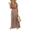 thumbnail image 1 of Bellella Robe Longue Femme Col en V Maxi Robes Manches Courtes Été Plage Robe Vintage Imprimé Floral Dames Marron 3TG, 1 of 7