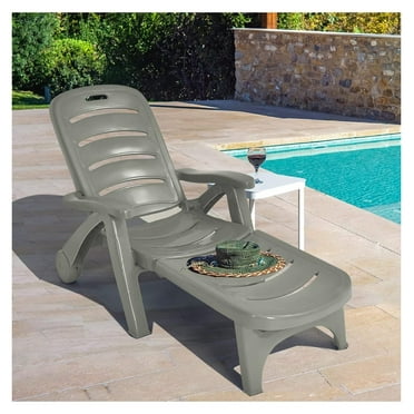 Moccha Plastic Folding Lounge Chair, 5-Position Adjustable Chaise Lounge with 2 Rolling Wheels, Armrest, Outdoor Chaise Chair for Patio, Beach, Backyard, Poolside, Home (1, Grey)
