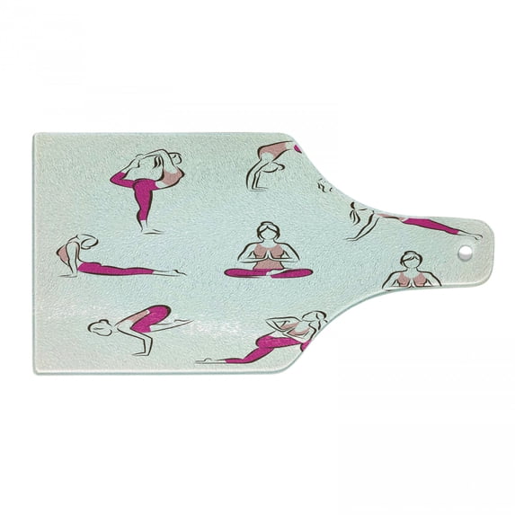 Yoga Cutting Board, Yoga and Pilates Poses Healthcare Fitness Concept Exercise Gymnastics, Decorative Tempered Glass Cutting and Serving Board, Wine Bottle Shape, Coral Pink Coconut, by Ambesonne