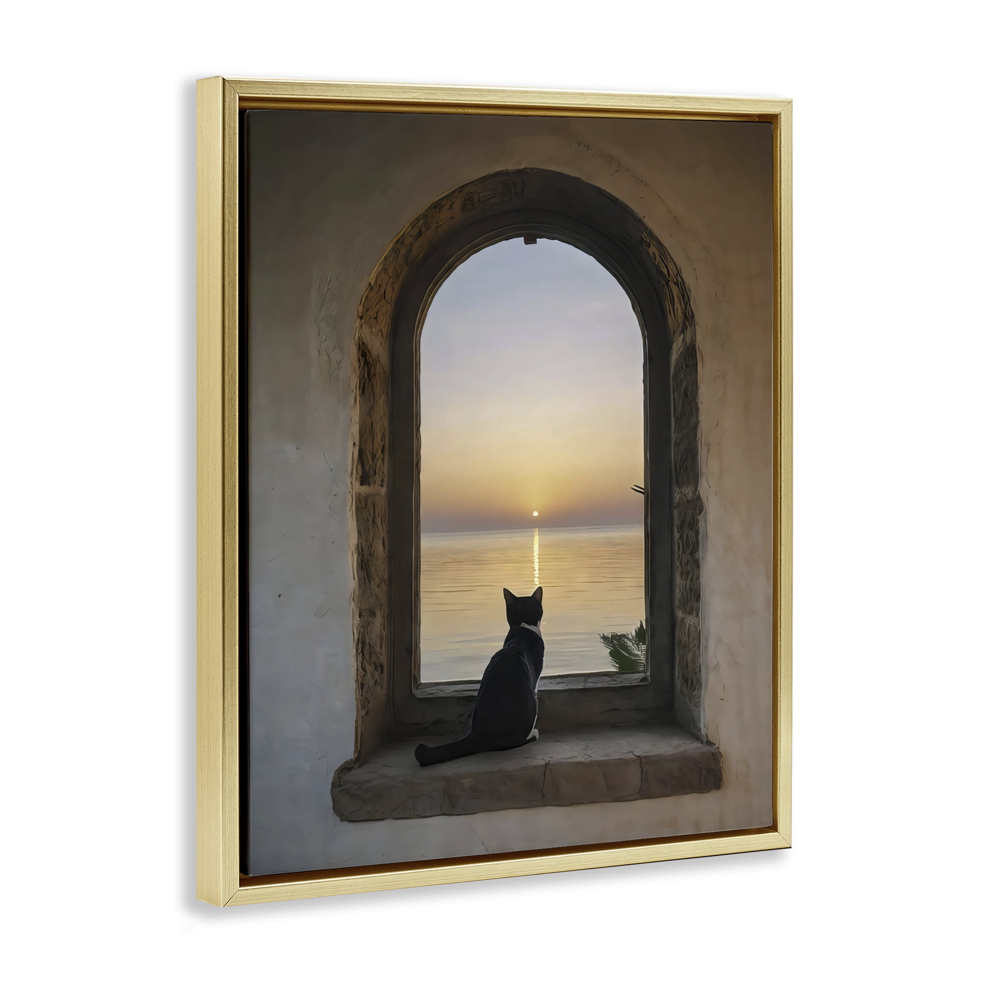 Stupell Industries Cat Overlooking Water at Sunset Gold Framed Floater Canvas Wall Art, design by Creative Studio