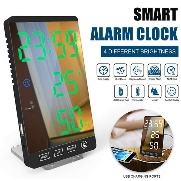 VONKY Digital Alarm Clocks Travel Clock LED Mirror Touch Button Clock Thermometer and Hygrometer Electronic Weather USB Desktop Clock
