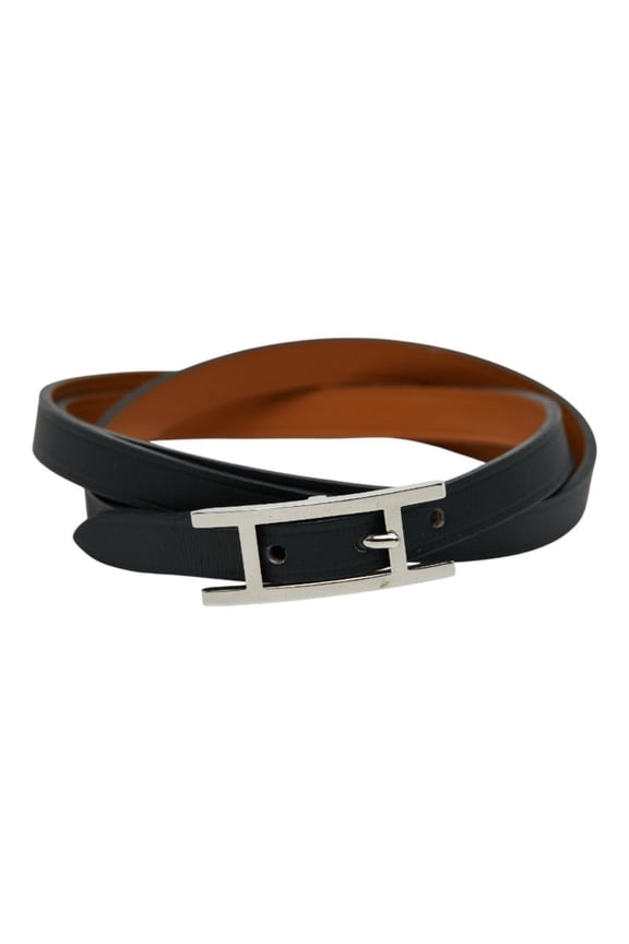 Pre-Owned Hermes Herms Api 3 Long Bracelet in Black and Silver Leather Metal for Men (Good)