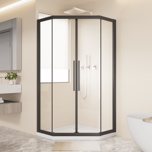 36"x36"x72" Neo-Angle Sliding Shower Door, 1/4"(6mm) Glass, Black, Double Rollers