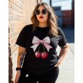 thumbnail image 3 of T Shirts for Women Short Sleeve Cotton Crewneck T-Shirt, Cherry with Pink Bow Tee Tops Casual Basic T-Shirts, XS-5XL Black L, 3 of 7