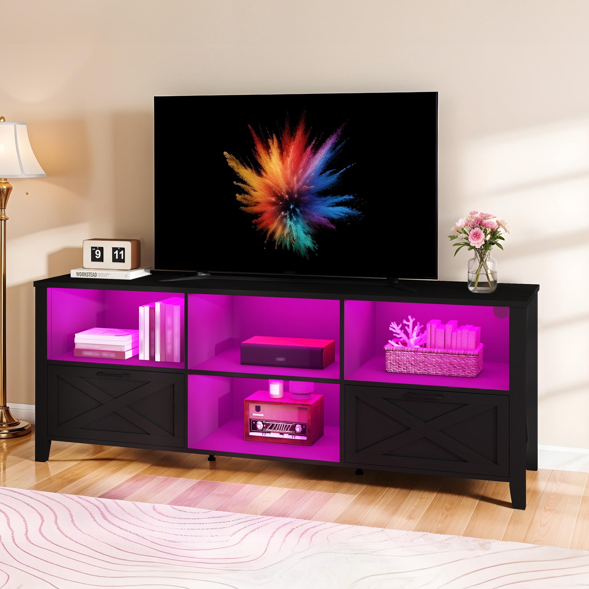 Uforic Modern TV Cabinet with Vibrant LED Lights, 70" Entertainment Center, Fits TVs up to 80", Black