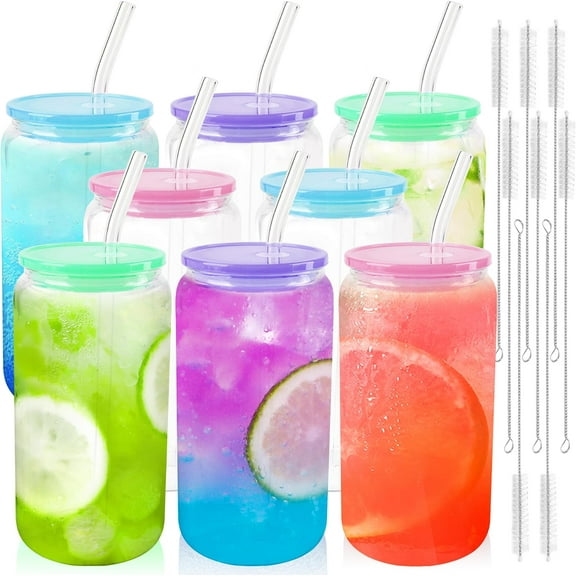 8pcs 16 oz Glass Cups with Acrylic Lids and Straws Can Shaped Iced Coffee Glasses Cute Tumbler Set Drinking Jars for Smoothie Soda Boba Beer Party Housewarming Gifts