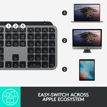 Logitech MX Keys Advanced Wireless Illuminated Keyboard for Mac, Backlit LED Keys, Bluetooth, USB-C, Metal Build - Space Gray