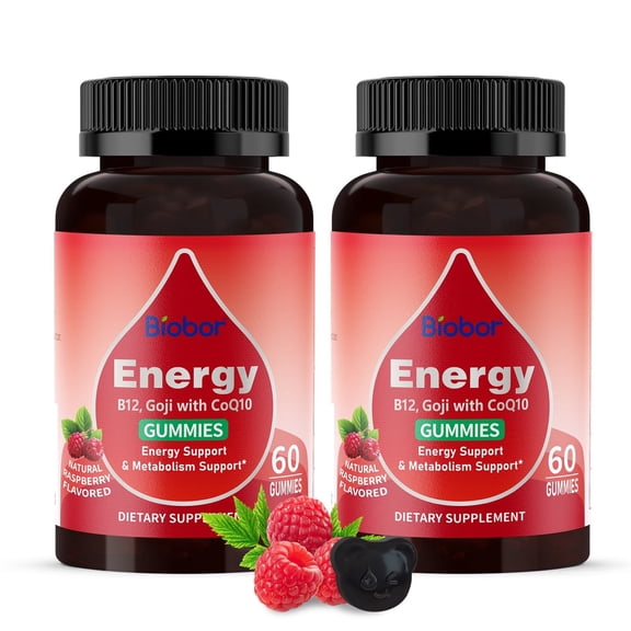 (2 Packs) Biobor Energy Gummies with B12, Goji, CoQ10 – Raspberry Flavor, Gluten Free (60 Count)