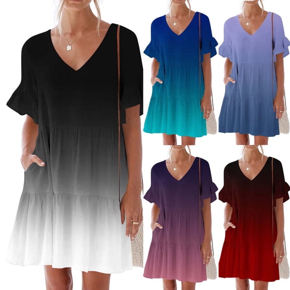 Vetsdori Womens Short Sleeve Mini Dresses Summer Gradient Sundress Party V-Neck,Beach Black Tunic Pleated Dress for Junior Mujer