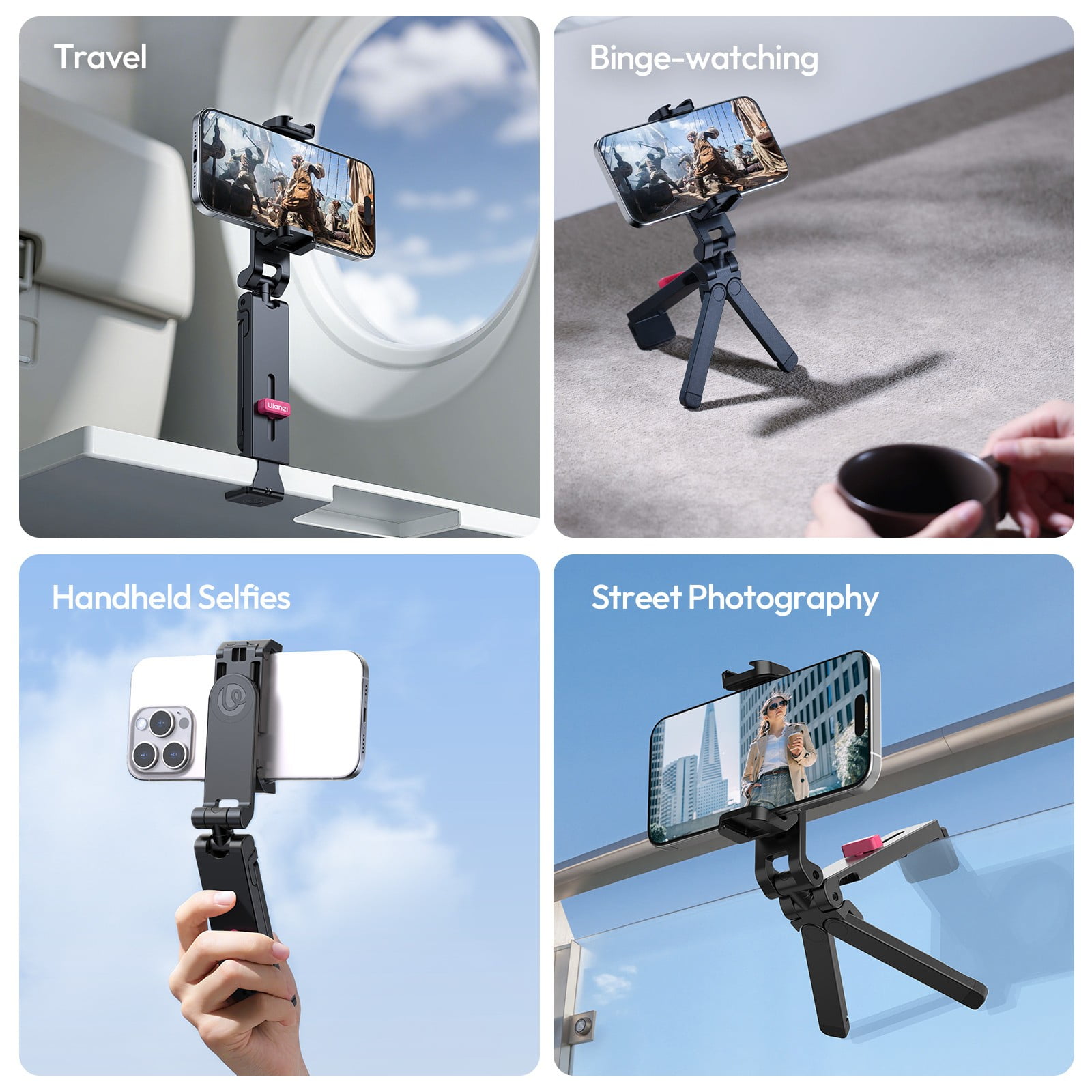 Ulanzi MA89 Foldable Phone Tripod Stand – 360° Rotating Adjustable Smartphone Holder with Dual Cold Shoe Mounts & Mantis Mode, Portable Vlogging Tripod for iPhone & Android