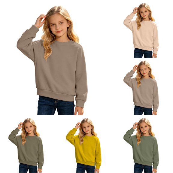 JAJAHO Girls Crew Neck Sweatshirt Casual Loose Long Sleeve Fall Lightweight Pullover Basic Tops For Kids 3-13Y