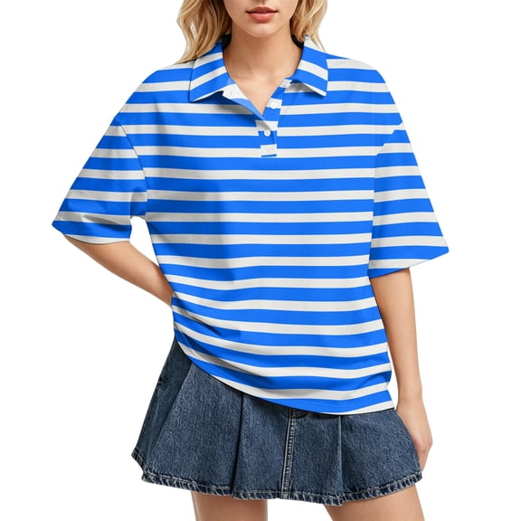 Dresfit Womens Golf Shirts Short Sleeve Button Down Polo Shirts Summer 2026 Striped Back To School Graphic Tees Oversized Collared Loose Golf Tops M