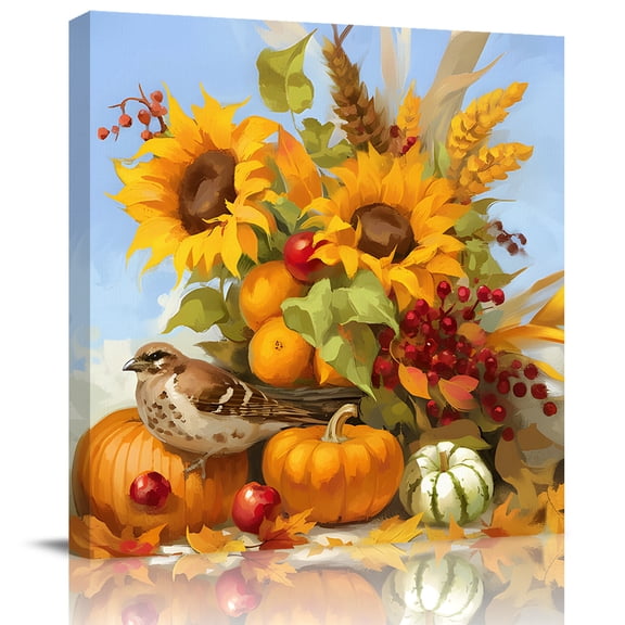 Watercolor Sunflower Pumpkin Fall Thanksgiving Canvas Artwork Painting Art, Farm Harvest Square Framed Wall Decorations Prints Picture for Bedroom Kitchen Living Room, 8x8 in